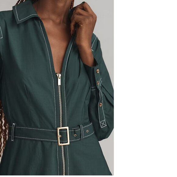 By Anthropologie Long-Sleeve Belted Front-Zip Midi Dress SIZE XS green new nwt - Picture 3 of 8